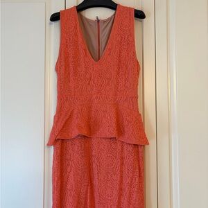 Sleeveless Coral Lace Peplum Midi Dress